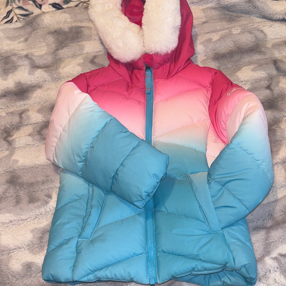 Snozu Pink White Blue Ombre Puffer Jacket with Faux Fur Hood